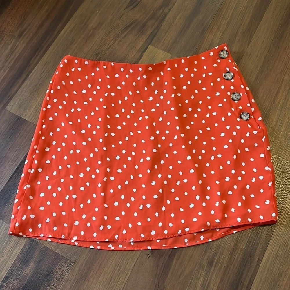 NWT Lulus Kanisha Red Orange Polka Dot Side Button Skirt Size Medium